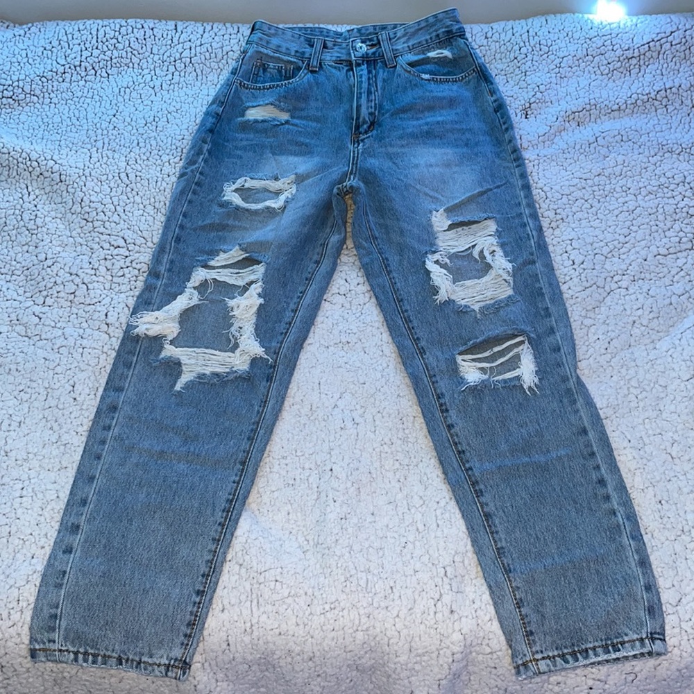 SHEIN | Light-Washed Distressed Straight Leg High Waisted Jeans
